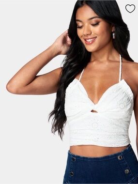 Bebe Eyelet tie back Halter Crop Top in White